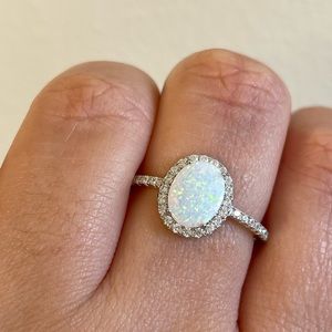 Oval Opal Halo Sterling Silver Opal CZ Ring